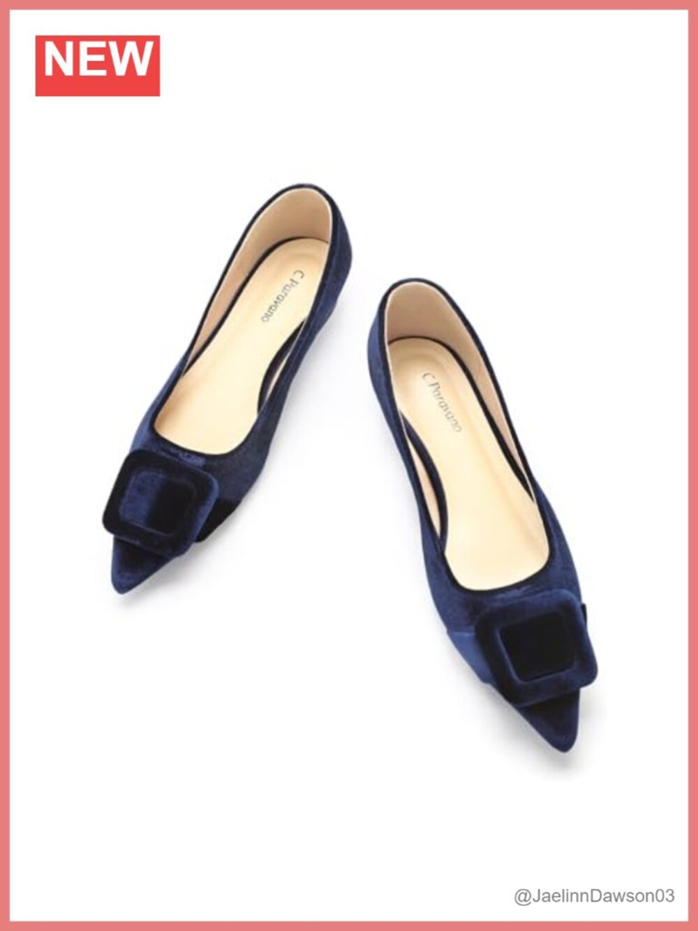 Women's Velvet Pointed Toe Ballet Flats with Square Buckle, Lambskin Leather
